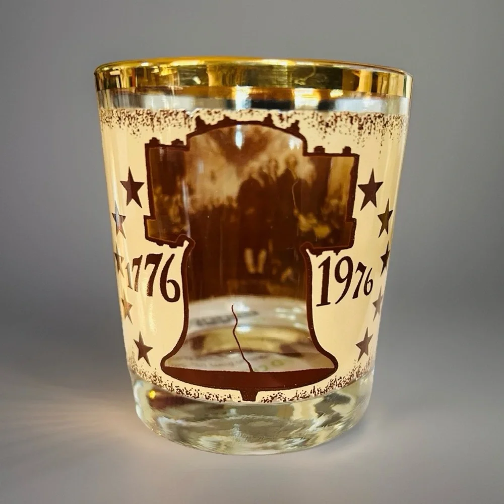 Vintage MCM Bicentennial Rock Glasses Barware Gold Patriotic Declaration Set 4